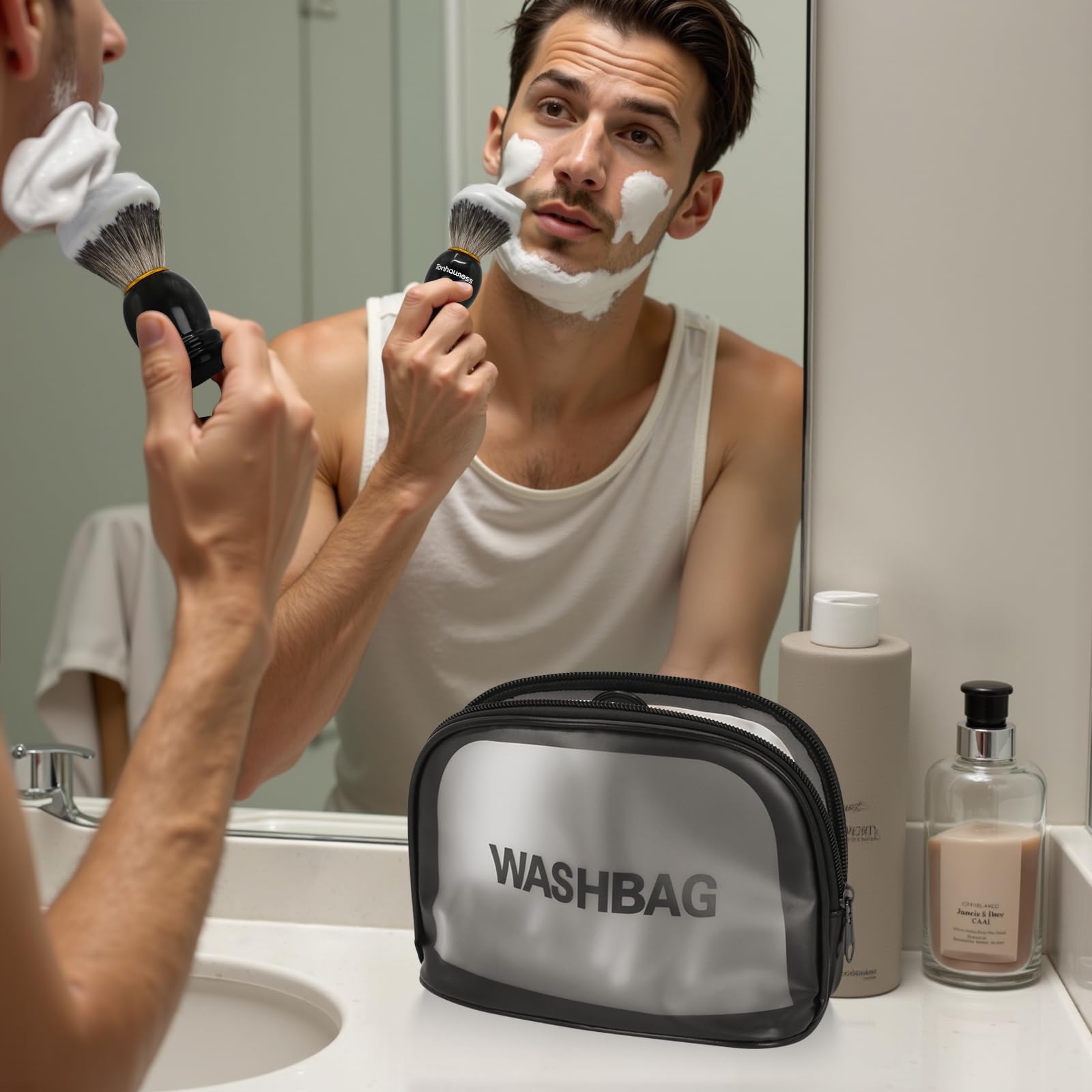 Travel Shaving Brushes Kit For Men, 5 In 1 Shaving Brush Set With Badger Hair Shave Brush, Shaving Brush Travel Case, Shaving Cream, Foldable Shaving Bowl and Washbag For Trip, Holiday