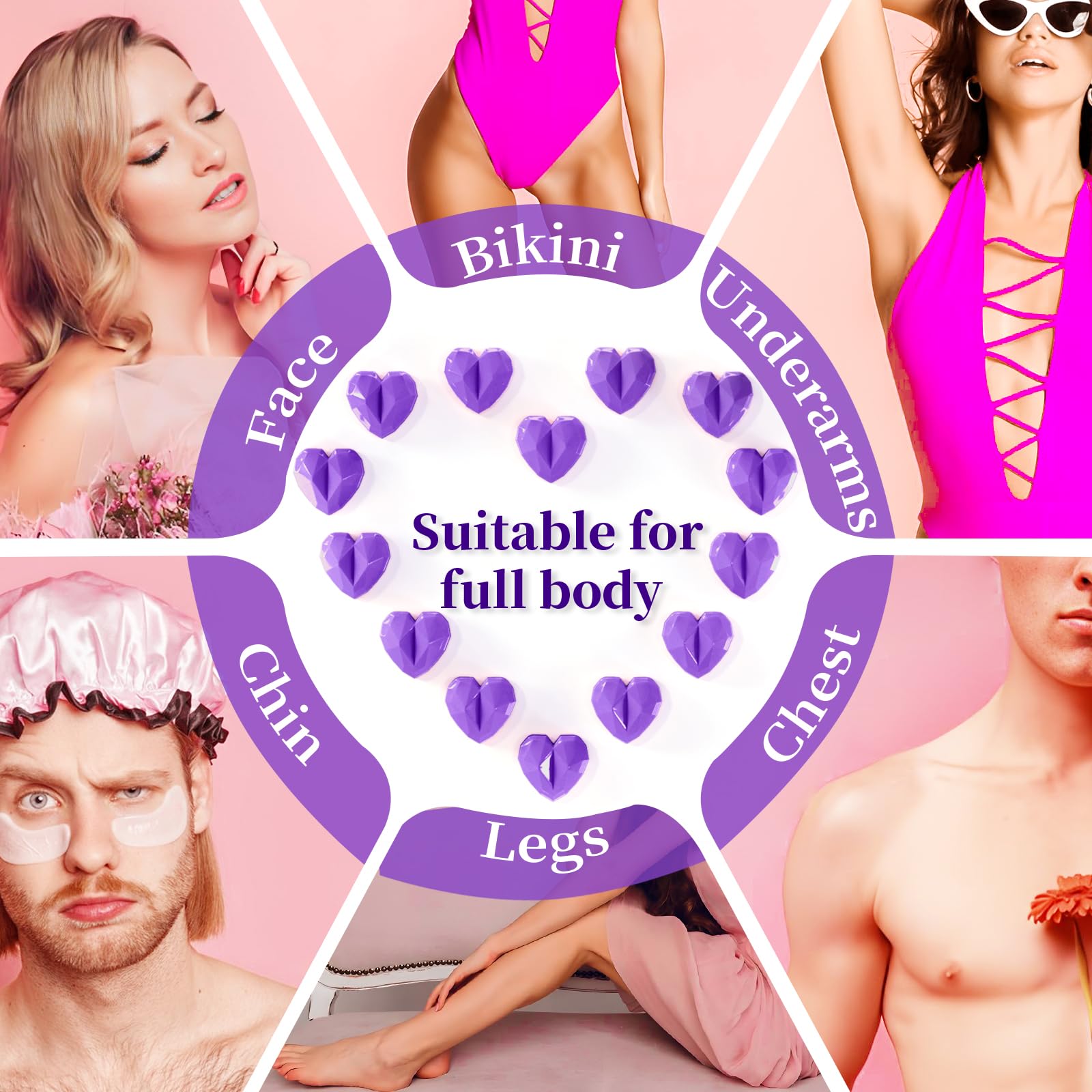 Chulan Heart Hard Wax Beads for Sensitive Skin, 400g Hypoallergenic Unscented Waxing Bead for Coarse Hair Removal, Purple Wax Beans Pearl for Body, Brazilian, Bikini, Legs, Armpits Women Home Salon
