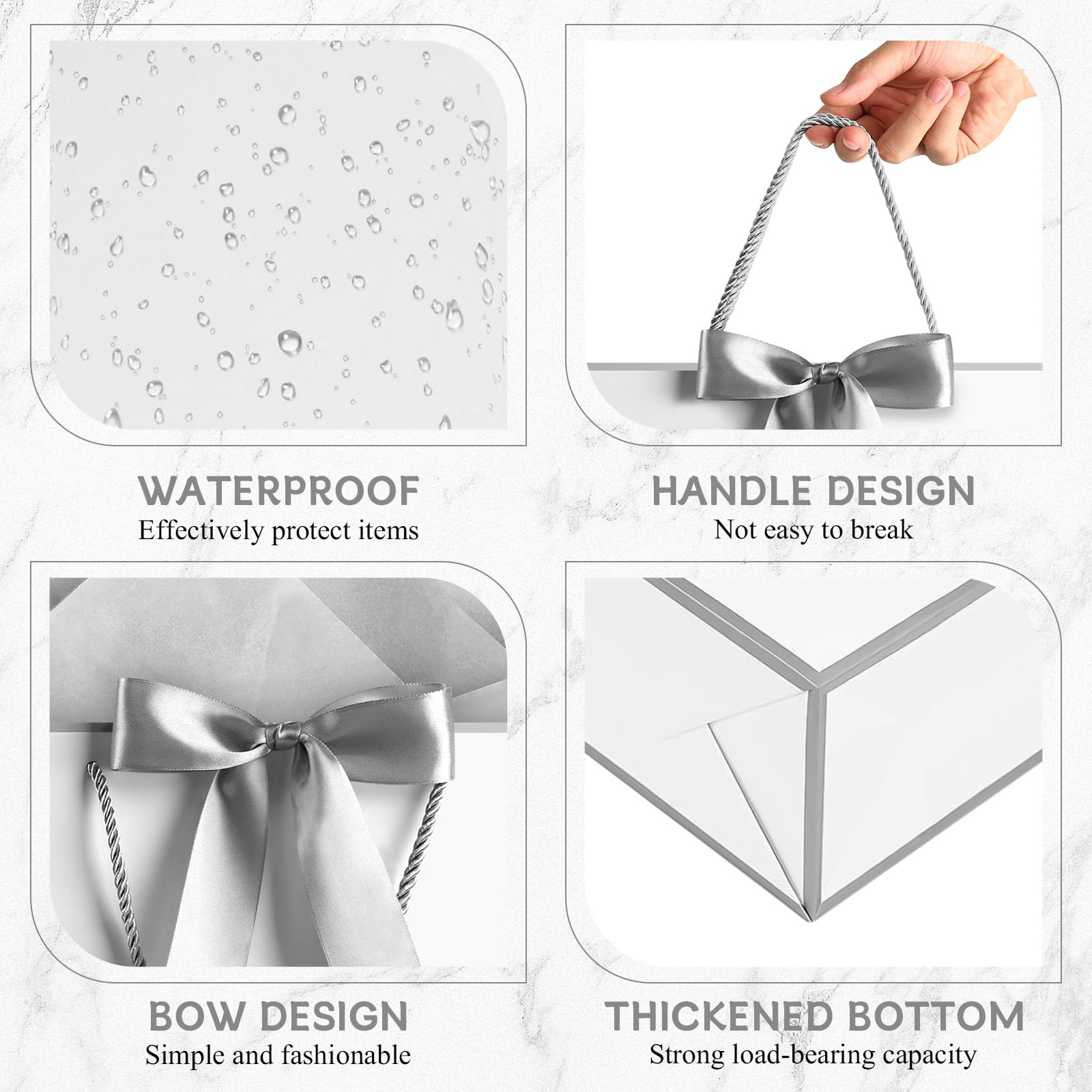 JMANNI Gift Bags with Handles, 13” Medium Gift Bag for Presents, 1 Pcs Bags with 2 Tissue Paper and 1 Cards for Baby Shower Wedding Bridal Shower Mother's Day Birthday Party (Silver)