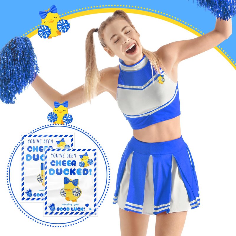 Quelay 24 Pack Cheer Team Gifts Bulk Cheerleader Duck Pins Brooches You've Been Cheer Ducked Tags Team Inspirational Gift Accessories for Teammates(Blue)