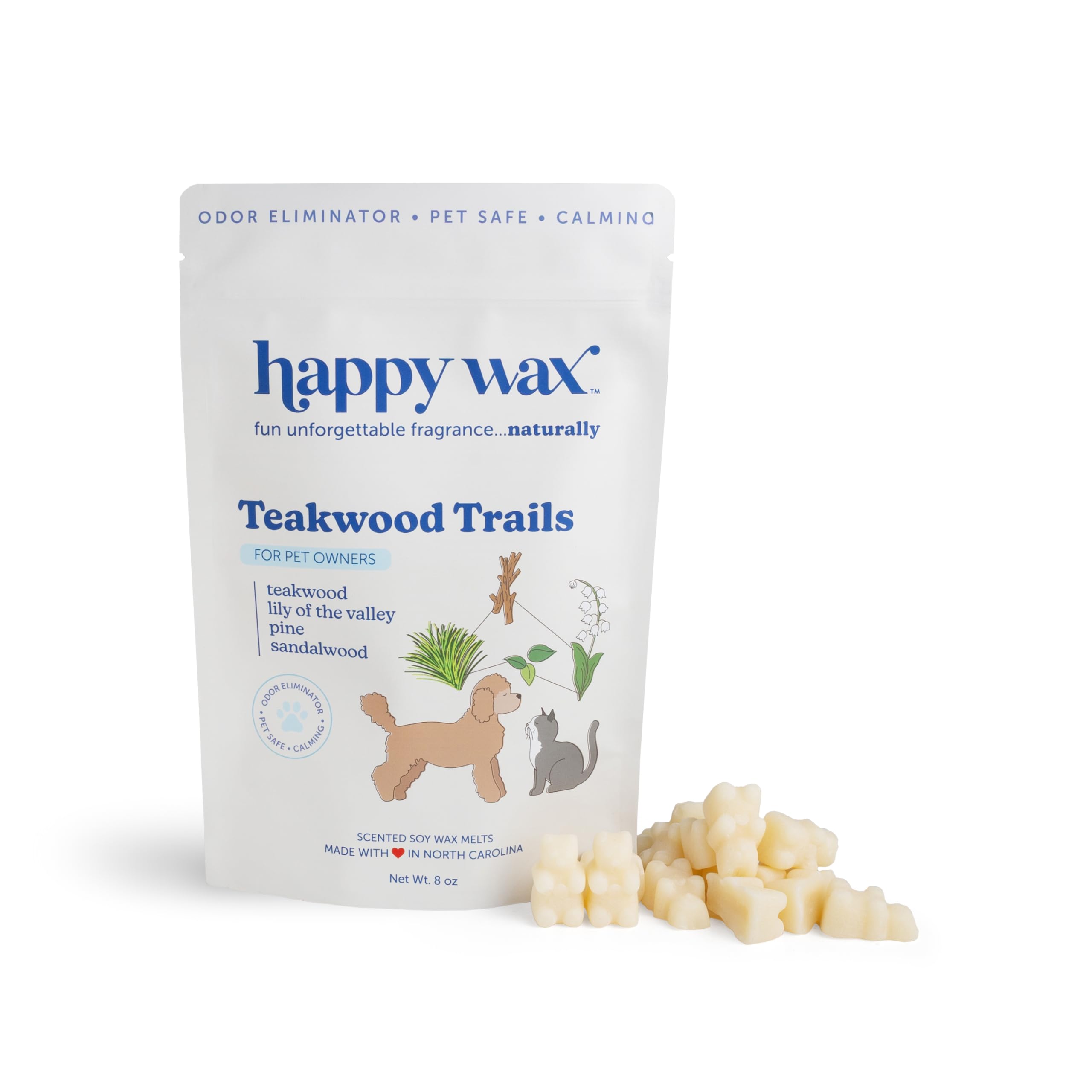 Happy Wax Teakwood Trails Wax Melts for Pet Owners – Odor Eliminating, Calming, Pet-Safe, Non-Toxic, Dye-Free, Perfect for Use with Wax Warmers - 8oz Pouch
