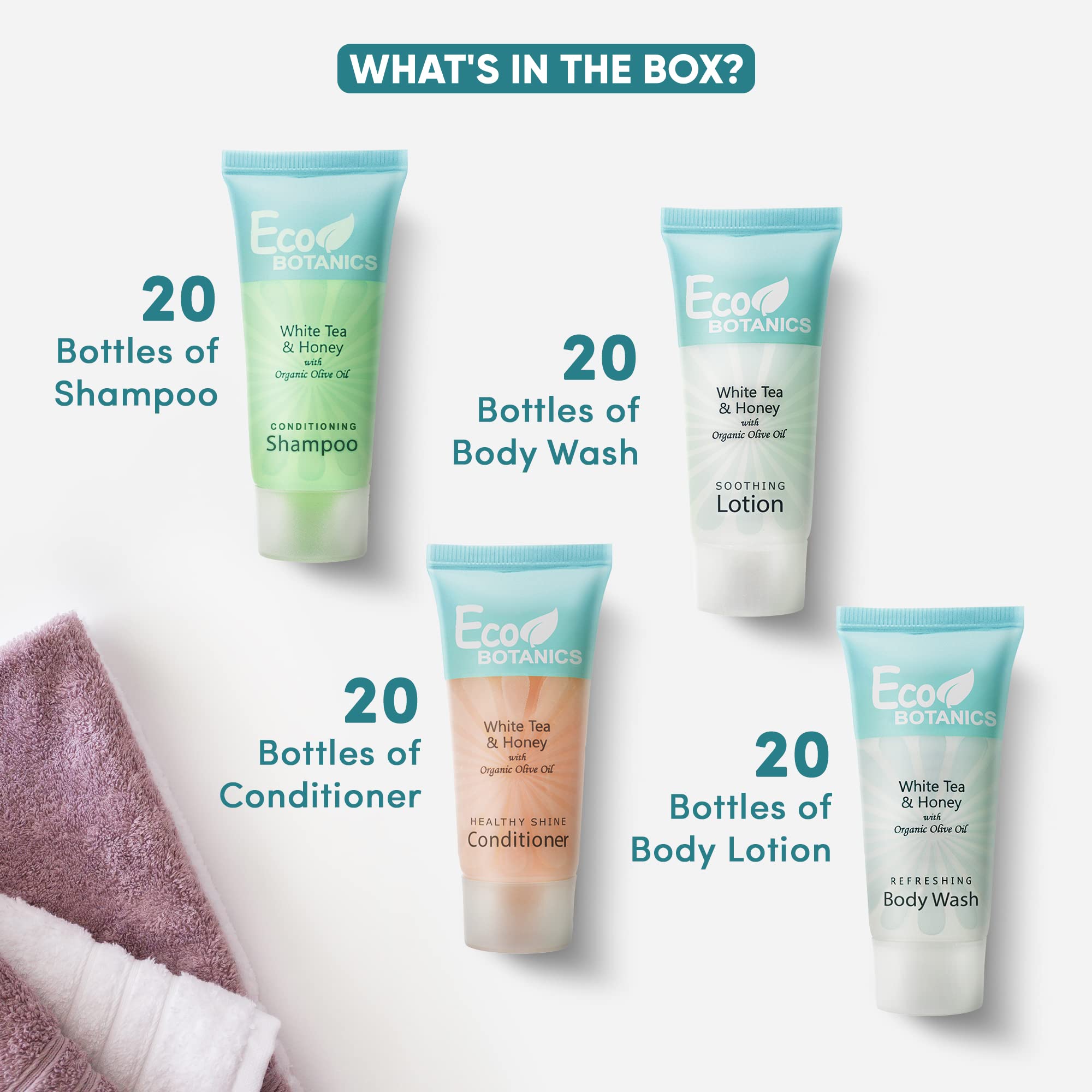 Travel Size Hotel Toiletry Set 80 Count 0.85 oz Bottles Guest Amenities for Vacation Rentals and Short Term Rentals Paraben Free White Tea Scent Infused with Aloe and Olive Oil by Eco Botanics