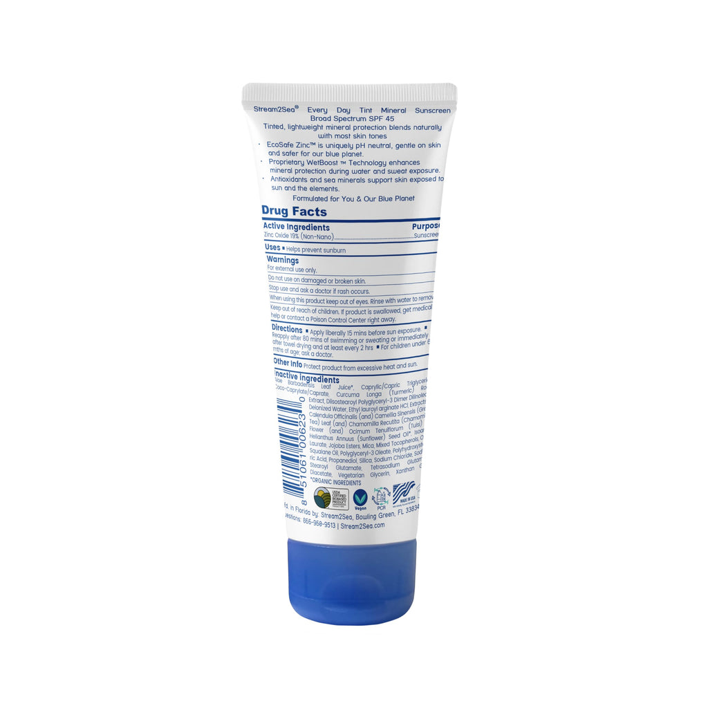 STREAM 2 SEA Every Day Tint Mineral Sunscreen SPF 45 Broad Spectrum — No White Cast | Reef Safe, Biodegradable, EWG Verified | Zinc Oxide Dewy Makeup Base, Water Resistant | Face & Body 2.5 Fl Oz