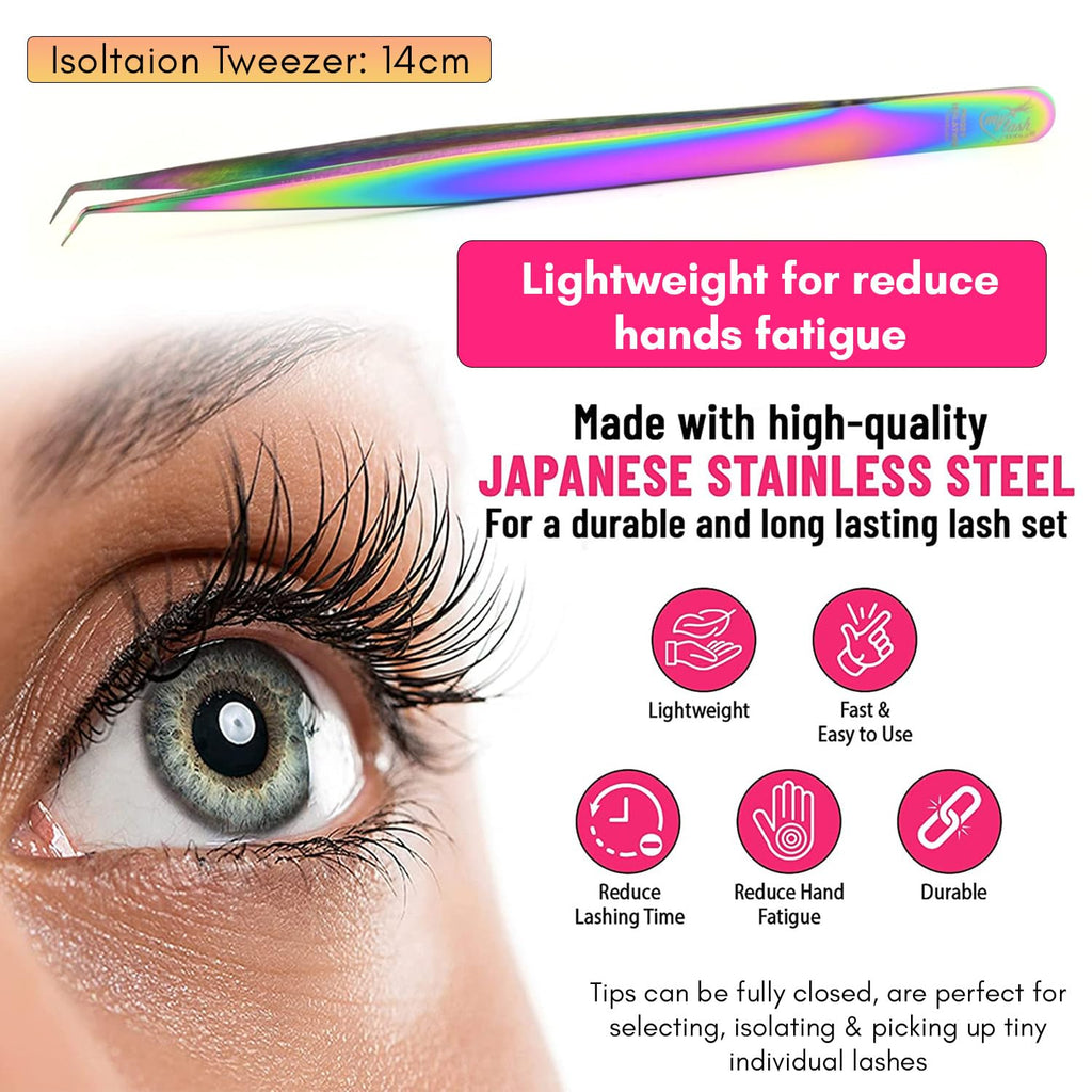 My Lash Tools Eyelash Extension Curved Degree Tweezers for Isolation Lash Extensions 14cm, Best for Individual Isolation & Classic Lashes Japanese Stainless Steel Eyelash Twisers (Rainbow 2)