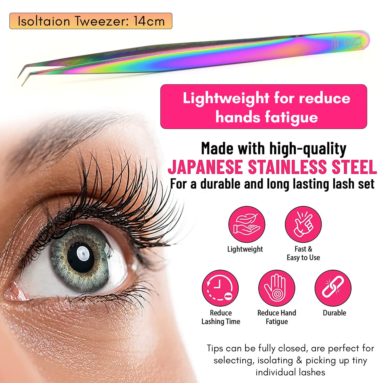 My Lash Tools Eyelash Extension Curved Degree Tweezers for Isolation Lash Extensions 14cm, Best for Individual Isolation & Classic Lashes Japanese Stainless Steel Eyelash Twisers (Rainbow 2)