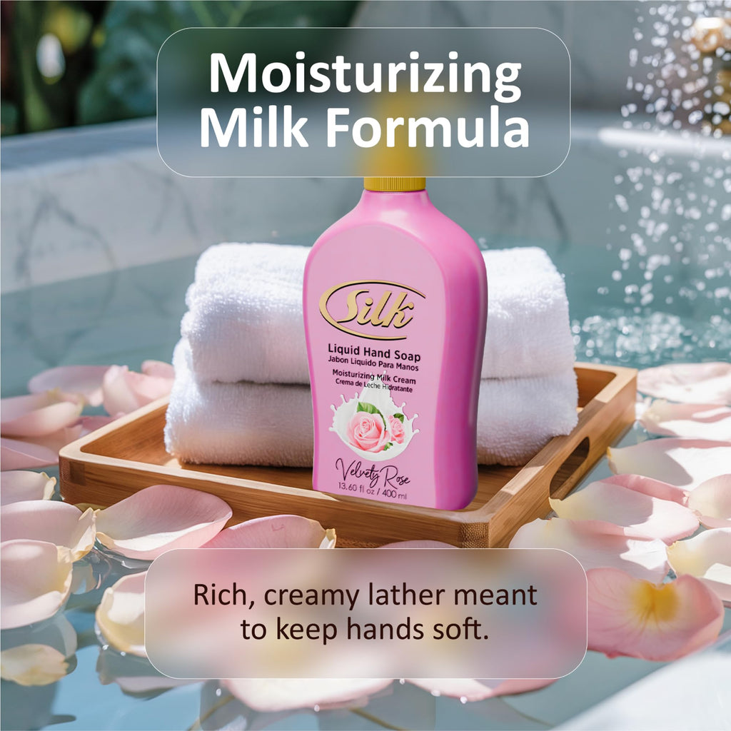 SILK Moisturizing Hand Soap, Liquid Hand Wash with Glycerin - Gentle Cleansing for Kitchen, Bathroom and Office, Rich Lather Pump Bottle, Velvety Rose Scent, 13.60 Fl Oz (Pack of 6)