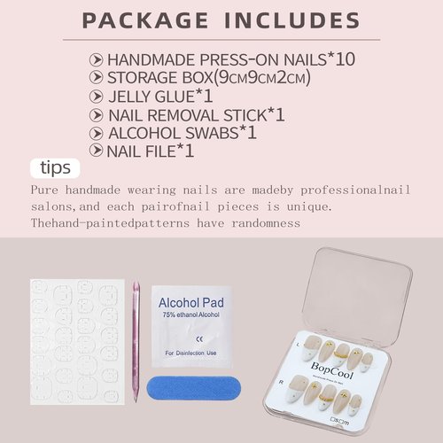 Handmade Press On Nails Medium Almond Shape - 3D Gold Metallic Embellished White French Manicure False Nails ， Minimalist Design | Salon Quality Reusable Fake Nails(10PCS-M)