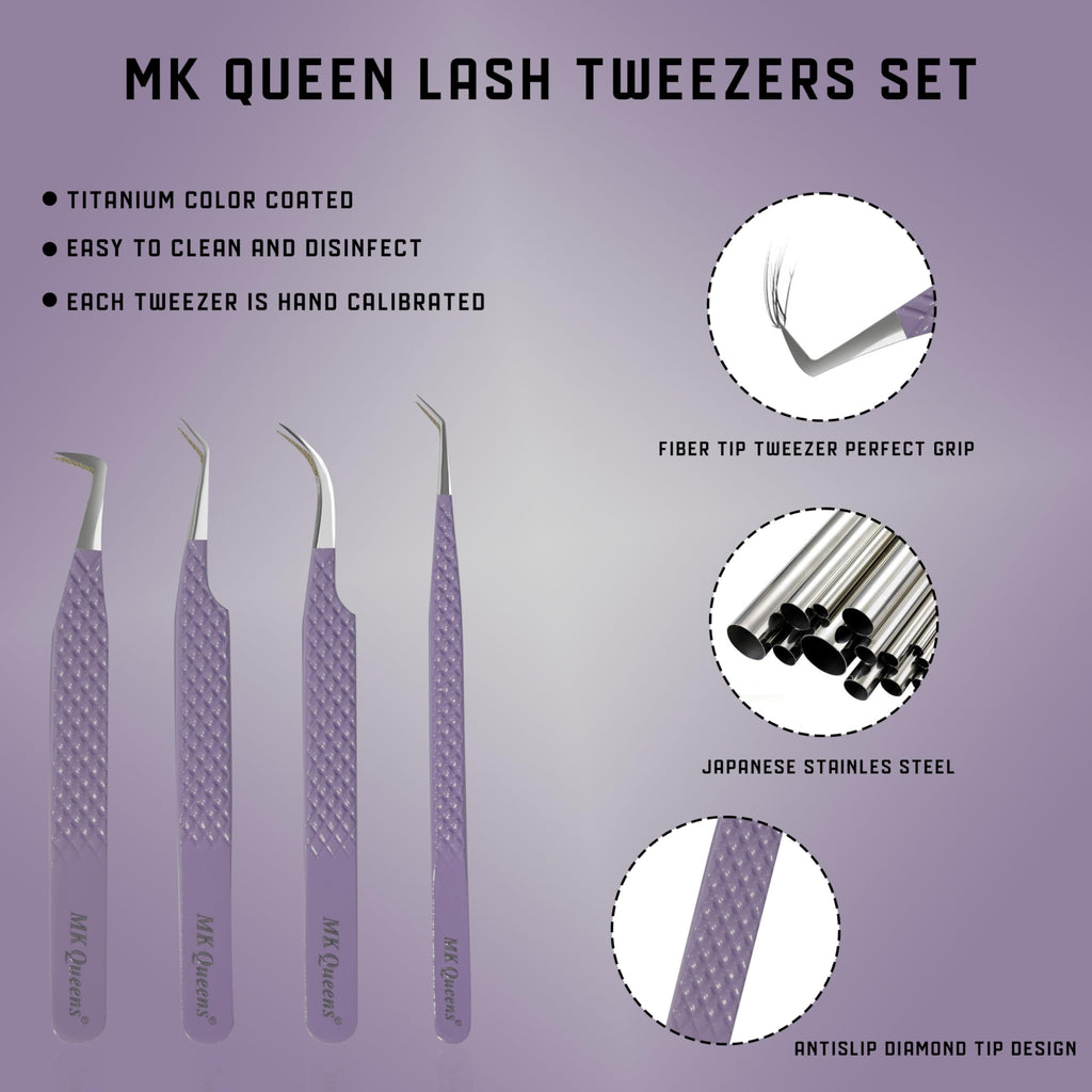 MK Queens Lash Tweezers - Stainless Steel Fiber Tip Eyelash Tweezers (Set of 4) - Diamond Grip Professional Lash Tweezers for Eyelash Extensions (Purple)