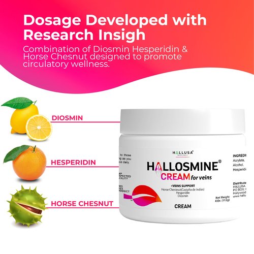 Hallosmine Cream for Varicose Veins, Spider Veins, Leg Circulation & Hemorrhoids | Leg Vein Cream with Diosmin, Hesperidin & Horse Chestnut – Cooling Effect for Leg Comfort | 4 oz (112g)