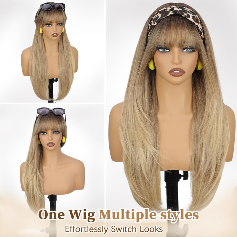 XIXIBI Blonde Wig with Bangs, 4x4 Realistic Scalp, Free Parting, Long Ombre Blonde Layered Wigs for Women, Realistic Natural Looking Heat Resistant Synthetic Wigs for Daily Party Cosplay Use 26Inch