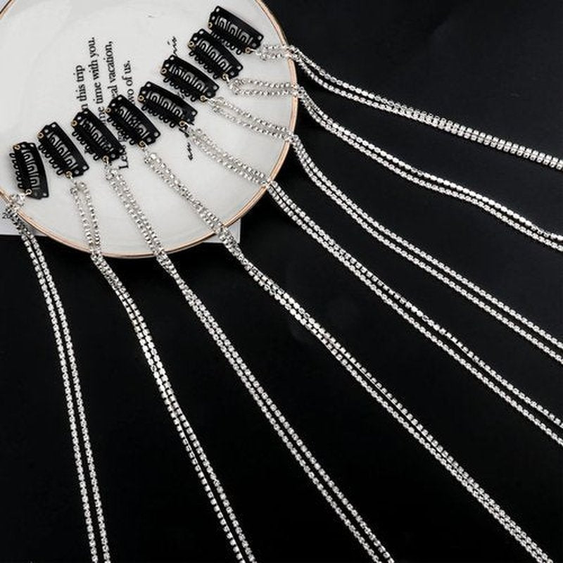8 Pieces Long Rhinestone Hair Chains,Punk Tassel Hair Clips Bling Crystal Hair Extension 20 Inch Head Chain Silver Decorative Hair Clip Hairpin for Women and Girls Nightclub Party Daily Headwear