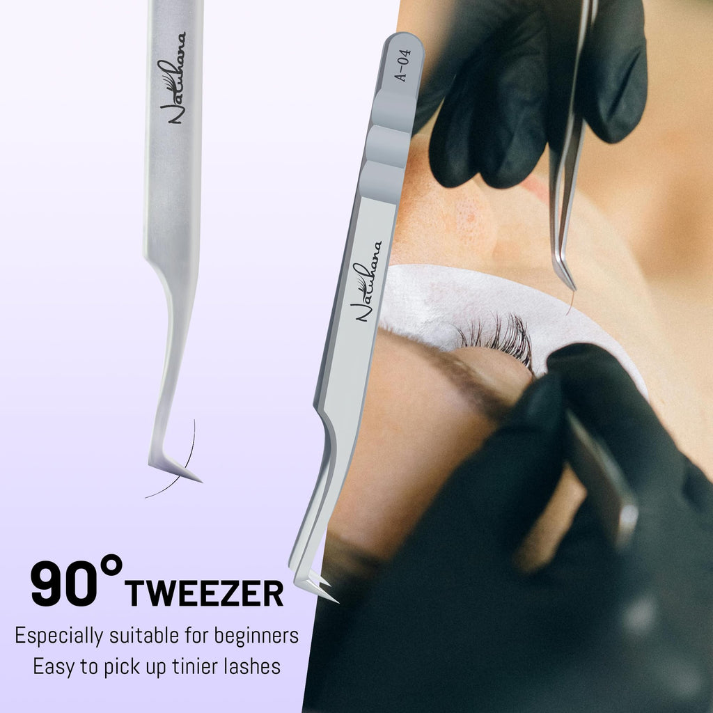 Natuhana High Precision Lash Tweezers for Individual and Volume Eyelash Extensions Premium Stainless Steel Curved Fiber Tip Professional Isolation Tweezer
