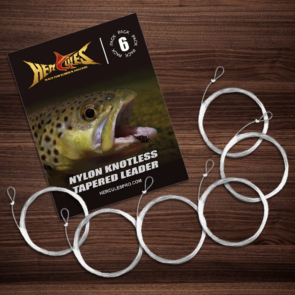HERCULES Pre-Tied Loop Fly Fishing Leader 6 Pack with Tapered Leader Wallet, 9FT - 5X - 3.7LB