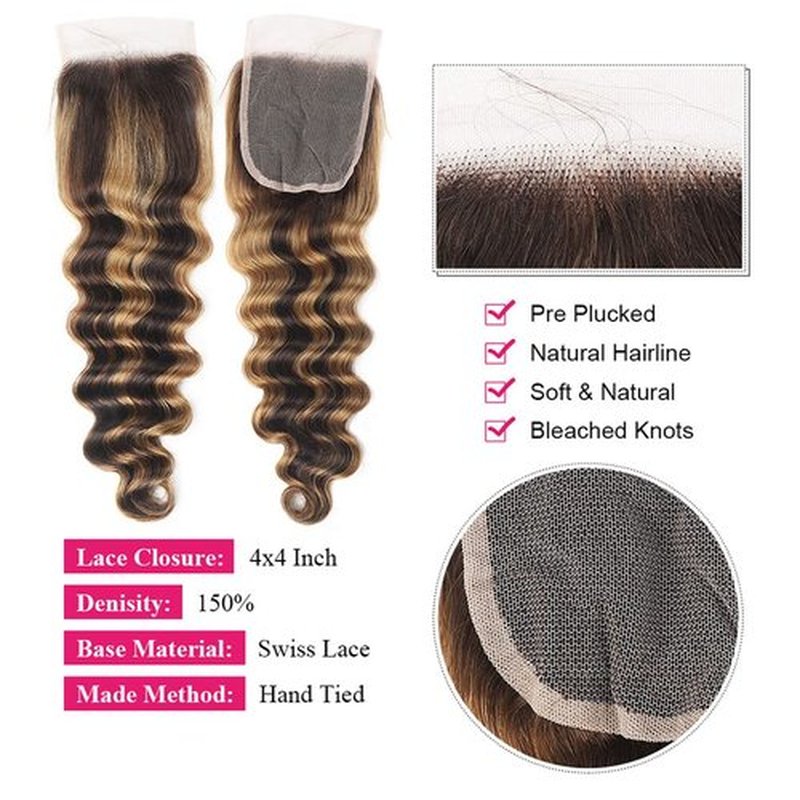 Highlight Brazilian Human Hair Bundles with Closure (12/14/16+12inch) Unprocessed Loose Deep Wave 3 Bundles Human Hair with 4x4 Swiss Lace Closure Pre Plucked, Ombre Honey Blonde Brown Curly Bundles