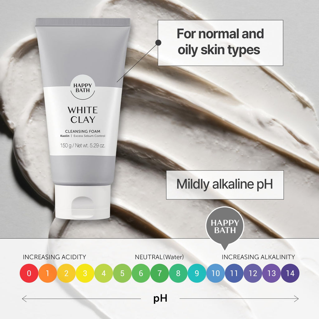 HAPPY BATH White Clay Facial Cleanser, Natural Deep Pore Cleanser, Combination to Oily Skin, Korean Foaming Face Wash, Gentle Formula for Daily Use, 5.29 Fl Oz.
