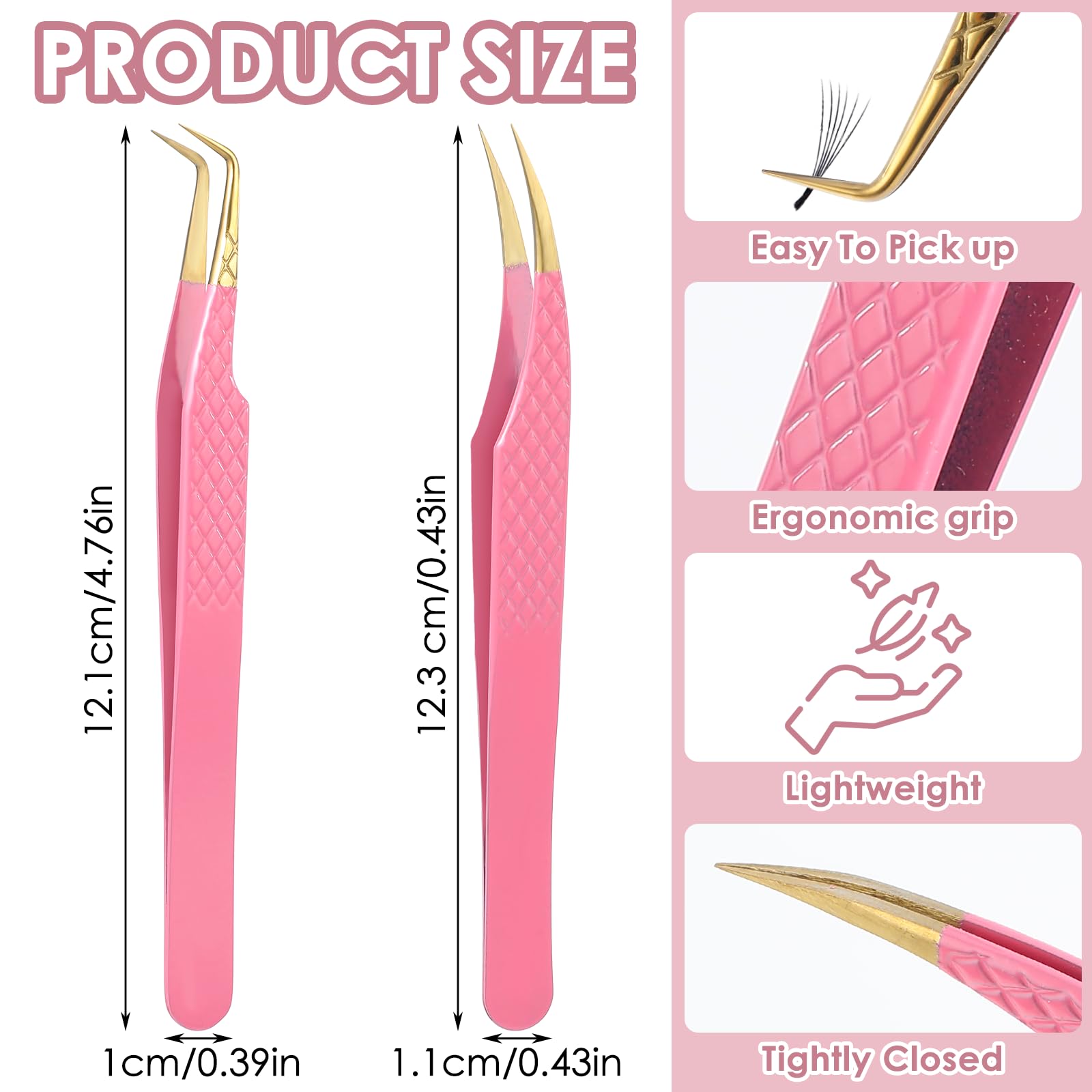 Tyqour 2Pcs Lash Tweezers for Eyelash Extensions 90 Degree Eyelash Extension Tweezers Fiber Tip Lash Tweezers False Eyelash Tweezers Lash Cluster Tweezers for Volume Lashes, Pink