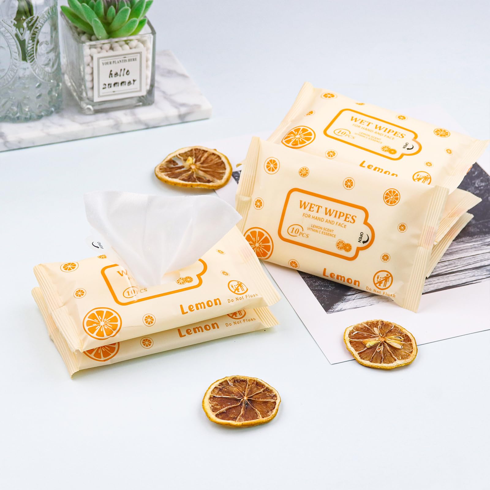 SLequipo Pack of 10 Face Hand Wipes, 100 wipes, Lemon Travel Wipes Bulk for Butt, Hands, Face Cleaning, Daily Use (10 Wipes Per Pack)