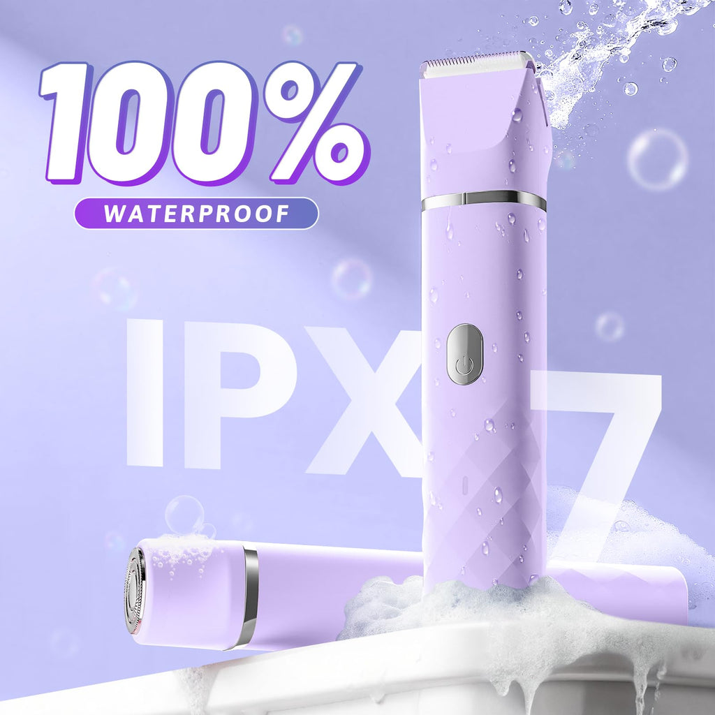 Bikini Trimmer for Women, IPX7 Waterproof, Painless Rechargeable Electric Razor Remover, 2-in-1 Facial & Pubic Hair Removal for Sensitive Skin, Portable Travel Size, Women’s Gift, Purple