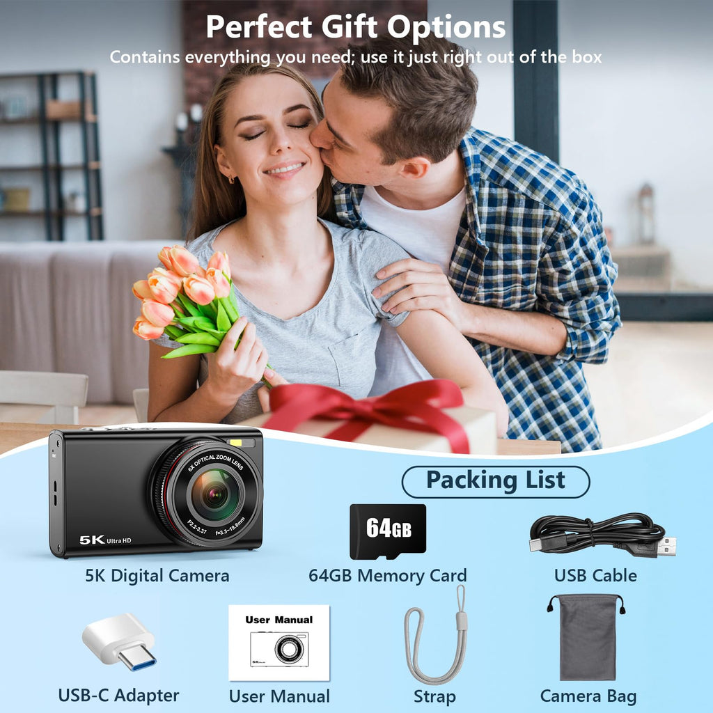 5K 96MP Digital Camera for Photography with 6X Optical Zoom,2026 Upgraded Autofocus Vlogging Camera for YouTube with Dual Lens, 64GB Card, Flash, Anti-Shake, Compact Point and Shoot Digital Cameras