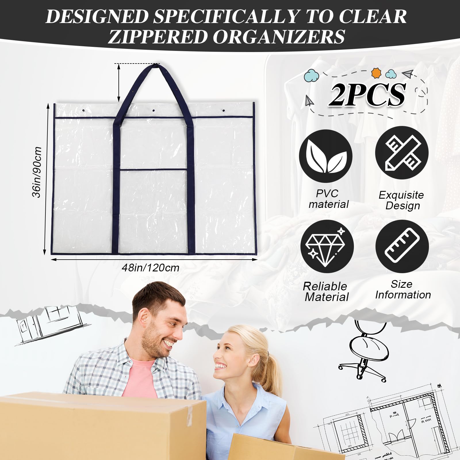 Windyun 2 Pack Large Poster Storage Bag 48" x 36" Bulletin Board Holder Art Portfolio Case PVC Art Portfolio Container Storage Box with Pocket for Classroom Teacher Organization(Blue)