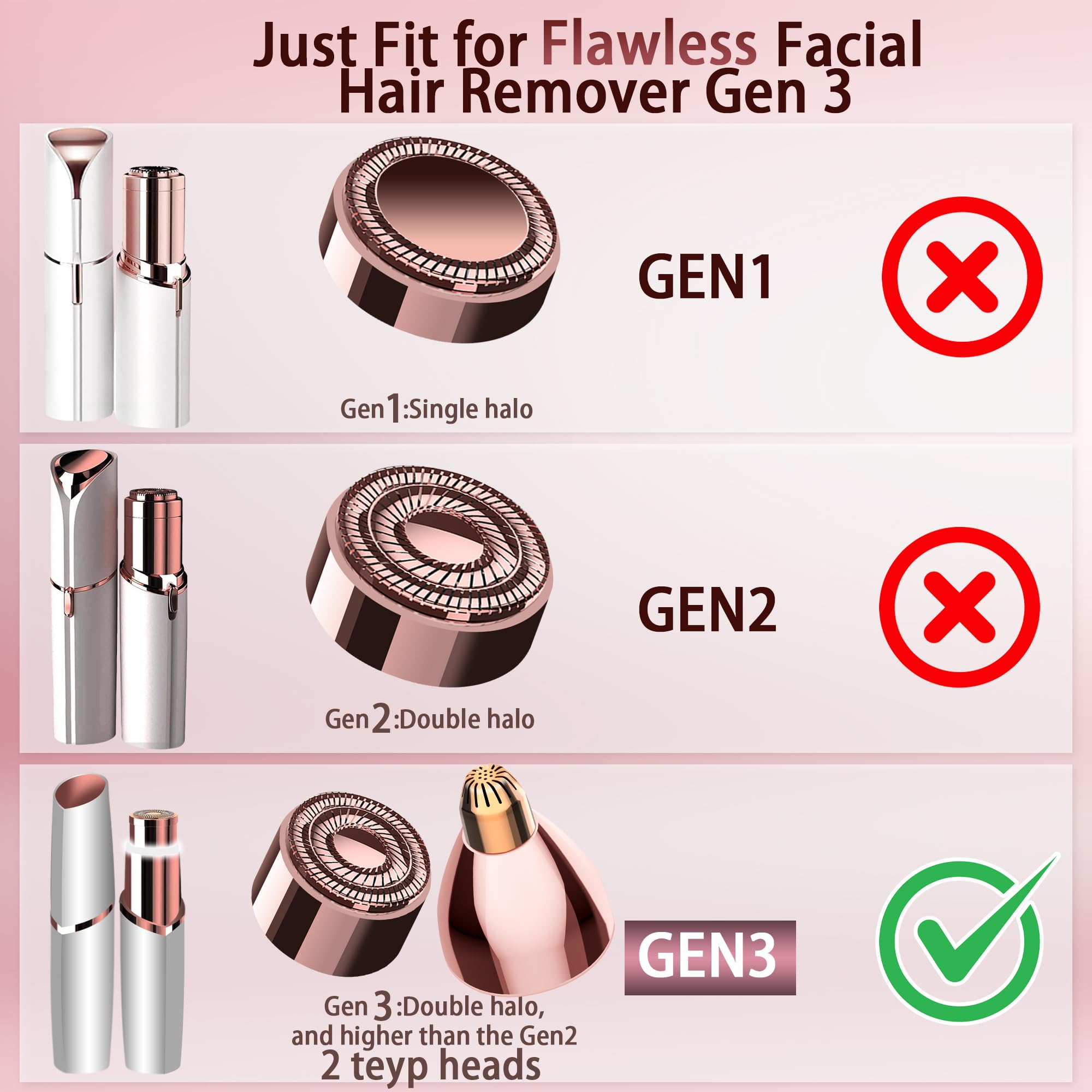 Gen 3 Replacement Heads for Finishing Touch Flawless, 18K Gold Painless Facial Hair Remover Blades with Exclusive Eyebrow Trimmer Head, 3 Facial + 3 Eyebrow Replacement Heads Set for Women