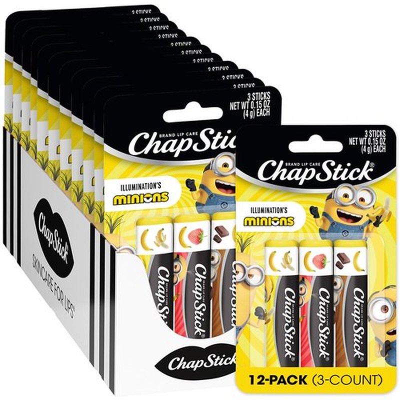 ChapStick Bulk Lip Balm Sets, Minions, 12 Banana Variety 3-Packs (36 Sticks Total), Party Favors for Kids, 0.15 Oz Each