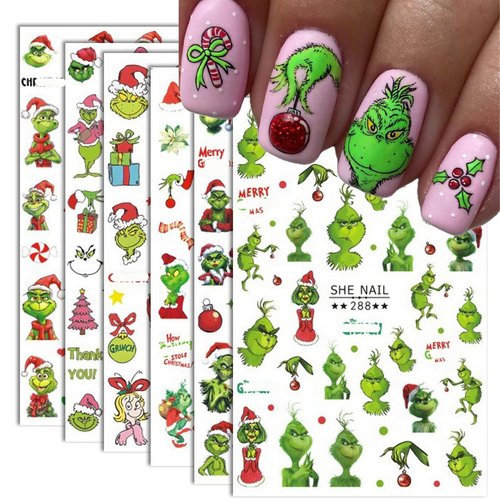 6 Sheets Christmas Nail Art Decals 3D Self-Adhesive Cartoon Xmas Nail Stickers Design WinterXmas Funny Green Monster Nail Decals Christmas Nail Decals Supplies for Women Nail Art DIY Manicure