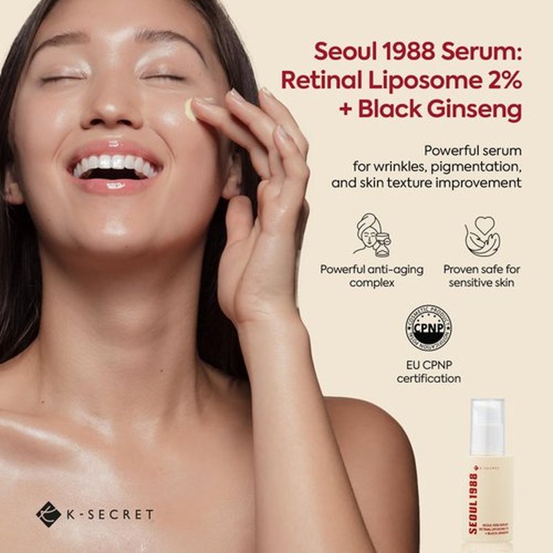 K-SECRET SEOUL 1988 Retinal Serum: Retinol Serum for Face Anti Aging Wrinkle Care - 2% Retinal Liposome Black Ginseng Niacinamide Bakuchiol Vitamin C & 3 Peptides - Korean Skincare Fragrance Free 30mL