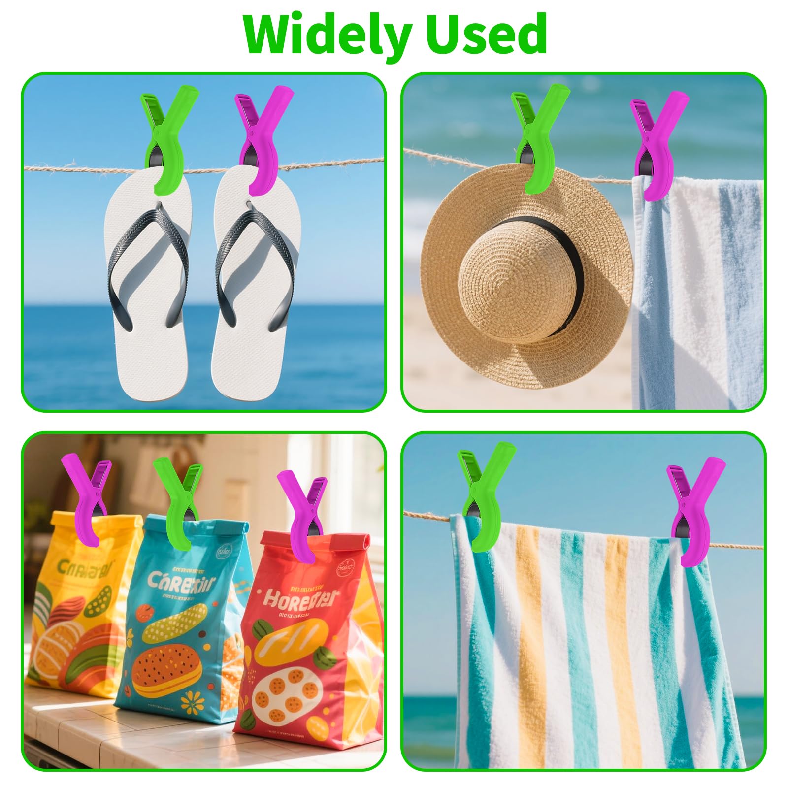 QOPAHI Beach Towel Clips for Beach Chairs Cruise, Strong Grip Clothes Pins Non-Slip Pool Chair Clips, Quilt Drying Clip for Laundry Towel Clothes Blankets Set of 6, with Drawstring Bag(3 Colors)