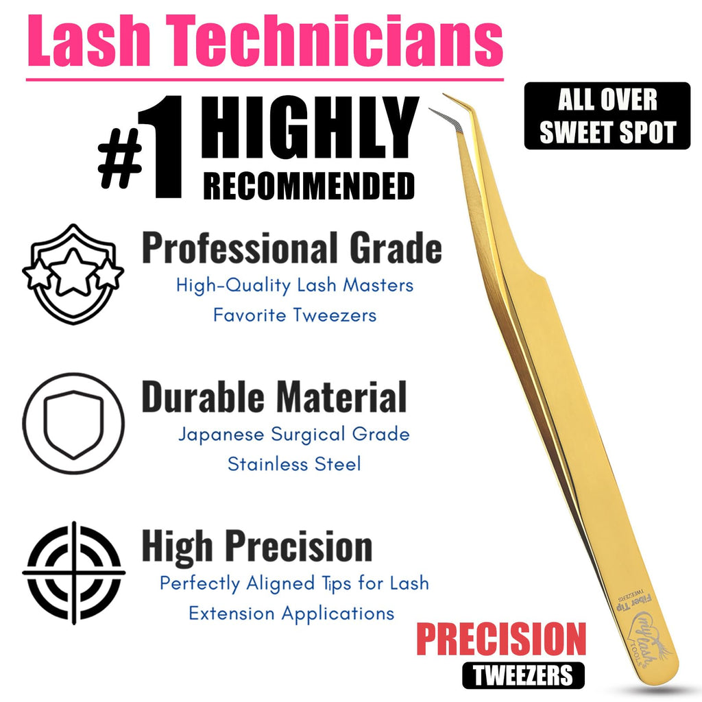 Fiber Tip Lash Tweezer 45 Degree Volume Tweezer – Precision Stainless Steel Eyelash Extension Tool, Professional Lash Applicator for Classic, Volume, Mega Volume Fans, Anti Slip Grip (Gold)