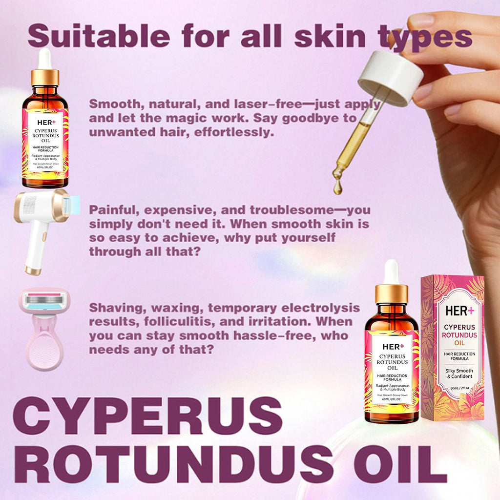HER+ Cyperus Rotundus Oil - Hair Reduction Formula, Silky Smooth & Confident, Reducing Body Hair Growth, Easy to Use, Safe, 2 Fl Oz (2PCS)
