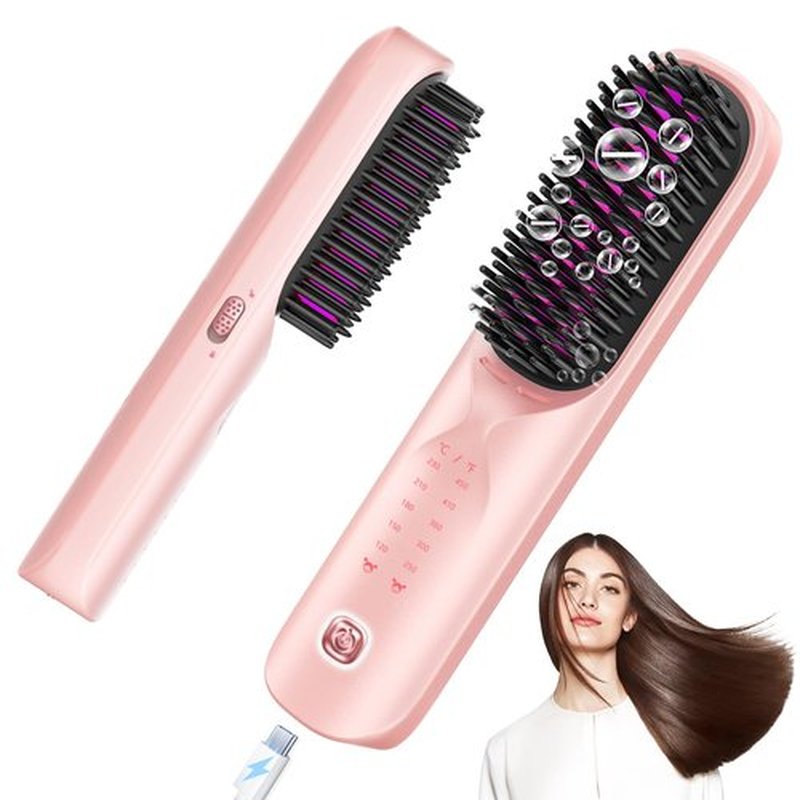 Cordless Hair Straightener Brush - Portable Hair Straightening Brush for Travel - 300M Negative Ions for Frizz-Free Shine, Touch Up On-The-Go, Fast Heating, Gift for Women, 10,000mAh, Powder Pink