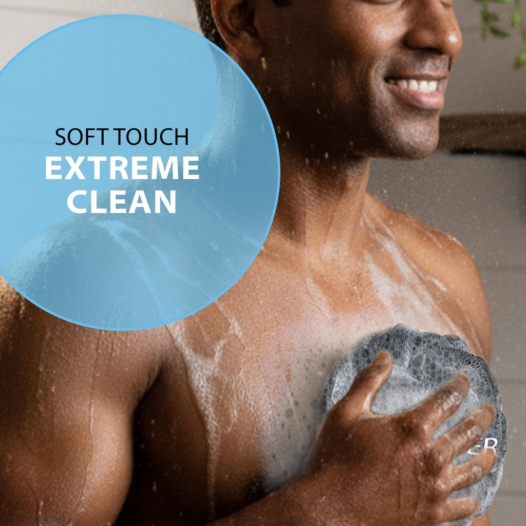 SHOWER BOUQUET Loofah-Charcoal Bath-Sponge-4-Pack // Extra-Large 75g Soft Mesh Black Loofa Lufa Loufa Luffa Puff Set/Exfoliating Body Scrubber for Women and Men - Exfoliate & Soothe Face & Body