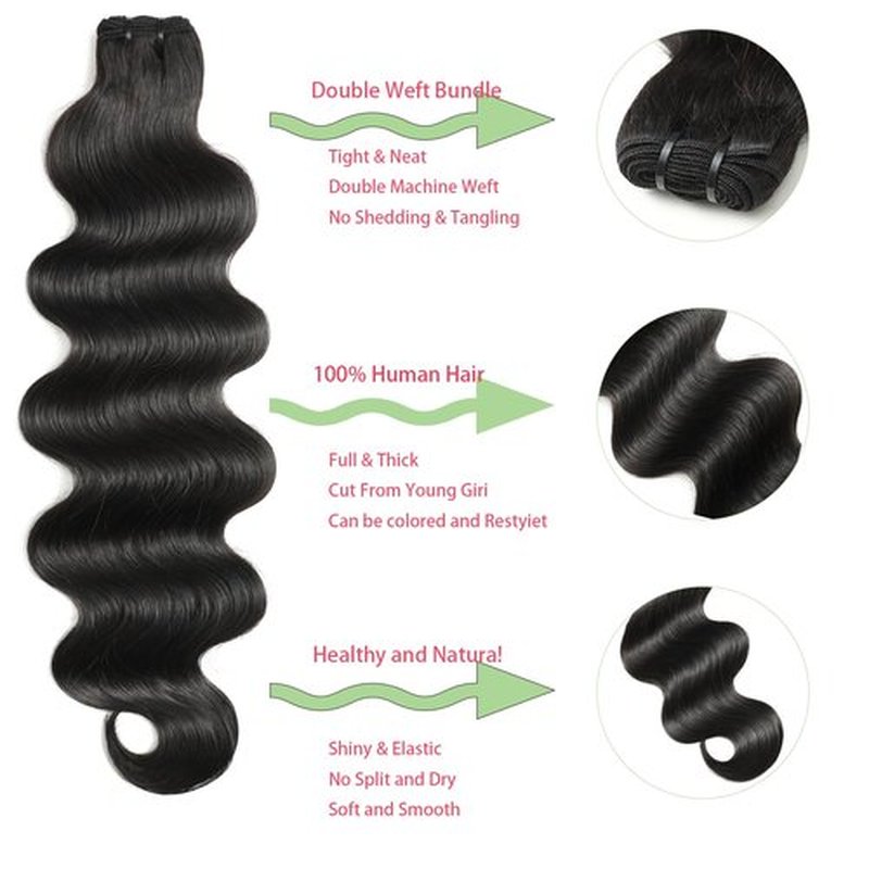 Human Hair Bundles 18 20 22 Inch 12A Body Wave Bundles Human Hair 100% Unprocessed Brazilian Virgin Hair 3 Bundles Double Weft Hair Extensions for Black Women Natural Black