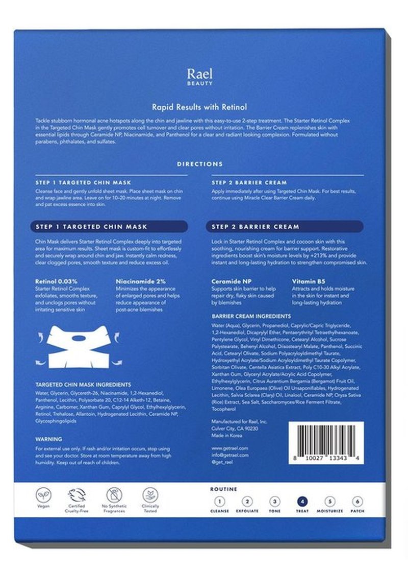 Rael Retinol Chin Mask with Miracle Clear Barrier Cream - Face Masks and Moisturizer, 2 Step System, Niacinamide, Ceramide NP, Korean Skincare (5 Kits)
