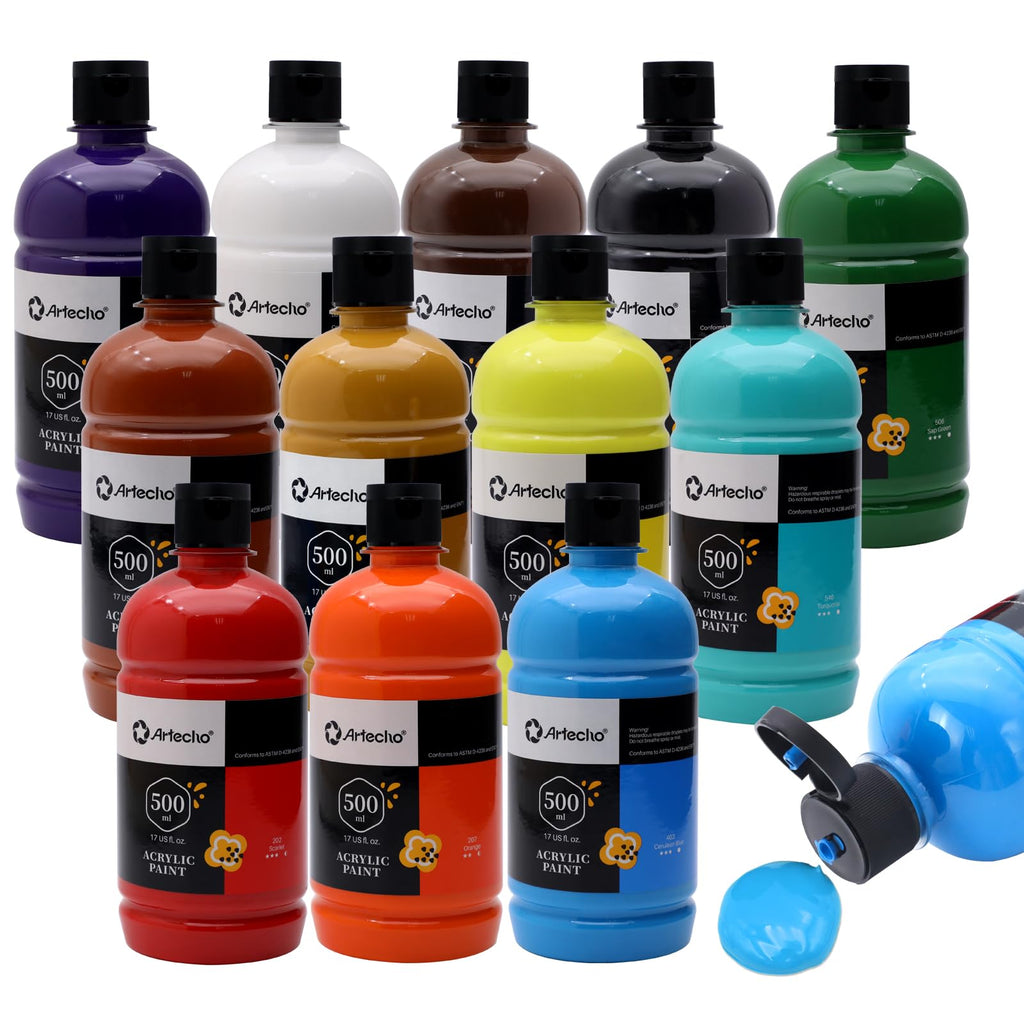 Artecho 12 Colors Acrylic Paint Set 500ml / 17oz Large Bottle