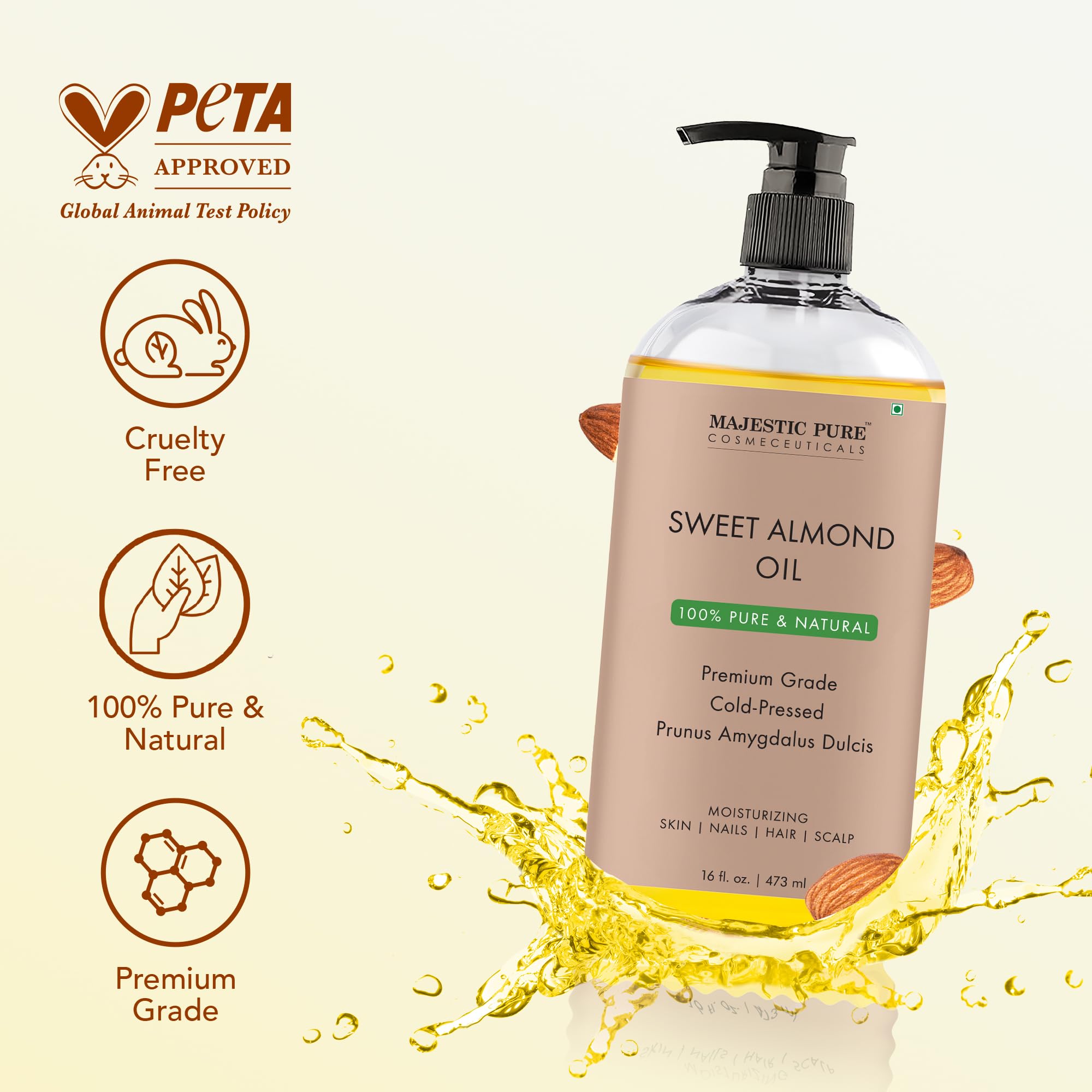MAJESTIC PURE Apricot Oil, 100% Pure and Natural, Cold-Pressed, Apricot Kernel Oil, Moisturizing, for Skin Care, Massage, Hair Care, and to Dilute Essential Oils, 16 fl oz