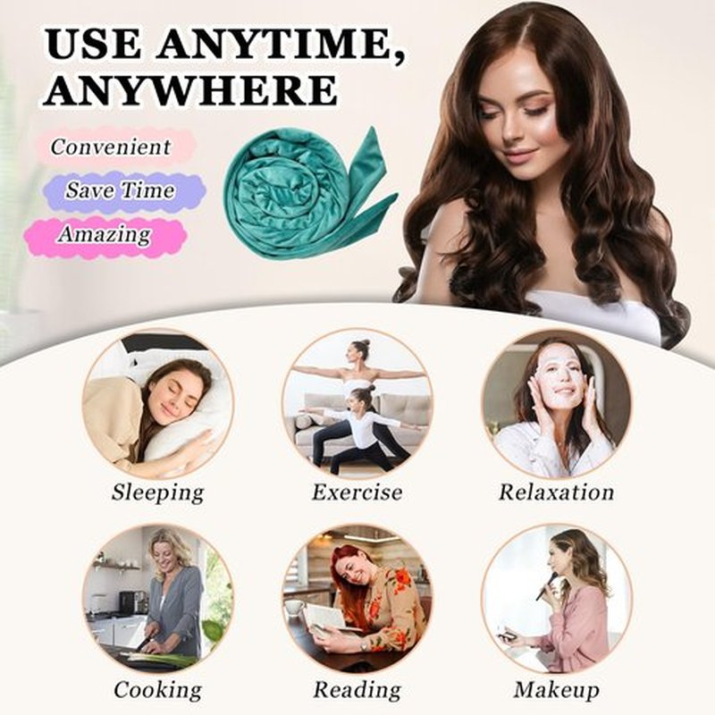 Gwabee No Heat Overnight Curl Headband, 70" Soft Ribbon Wrap for Long Hair, 9 PCS Hair Curling Rods Set - Blue Green