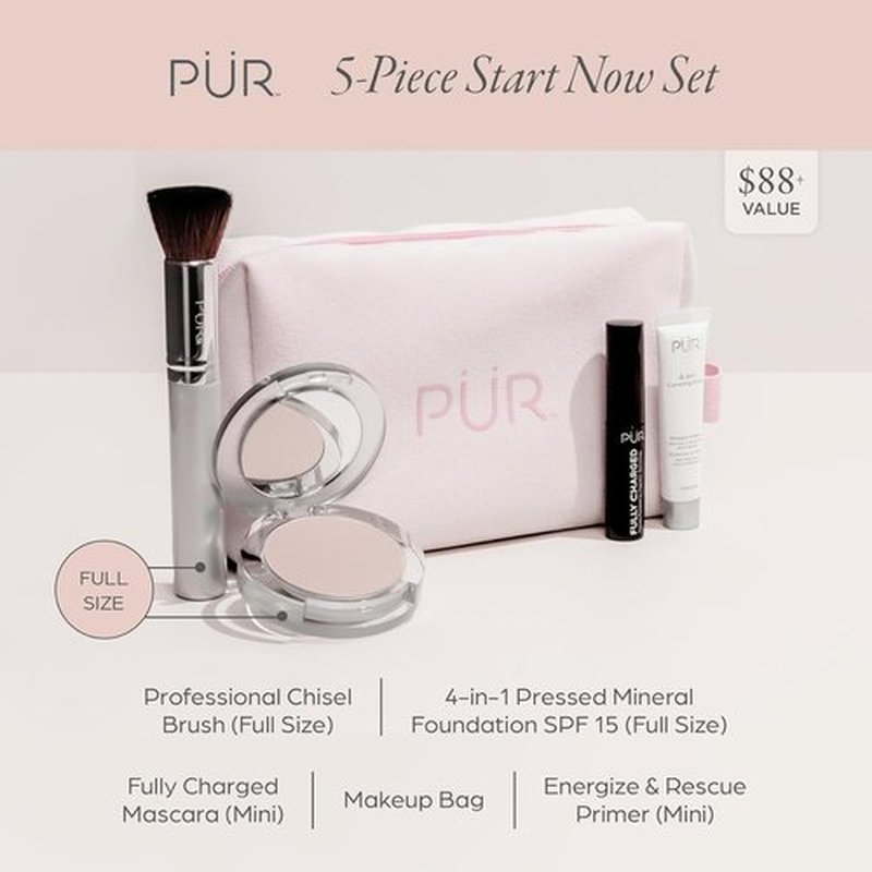 PÜR Minerals Multitasking Essentials Kit | 4-in-1 Primer, Mascara, Mineral Powder & Brush Set