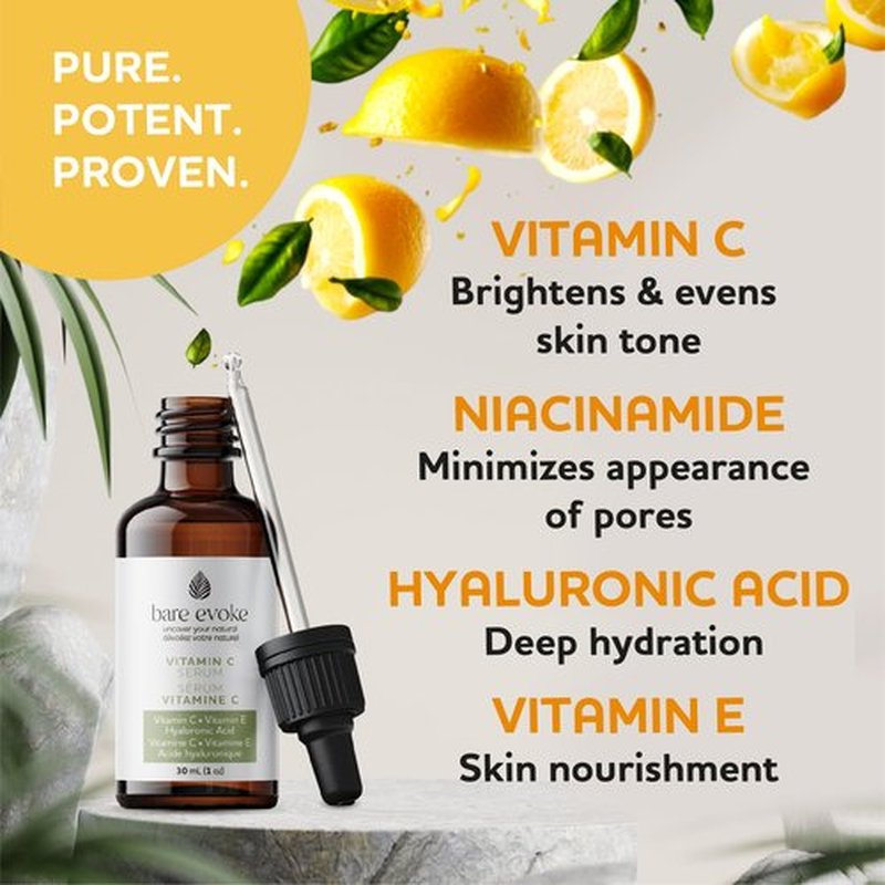 Bare Evoke Vitamin C Serum with Hyaluronic Acid, Niacinamide & Natural Extracts – Hydrating & Brightening Face Serum – Helps reduce the Look of Dark Spots, Dullness & Pores – For All Skin Types