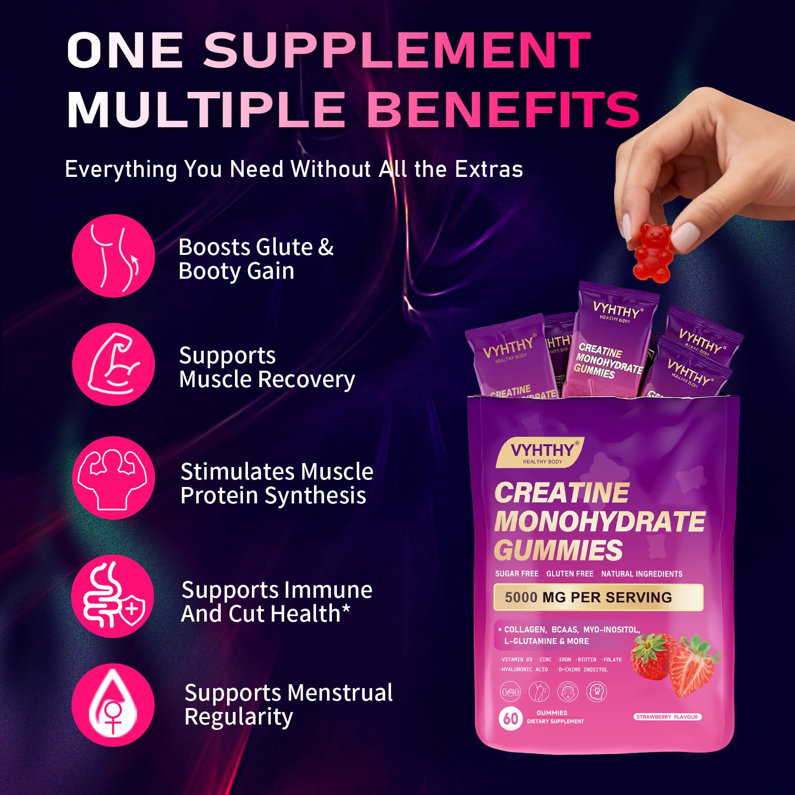 VYHTHY Creatine Monohydrate Gummies – with Collagen, BCAAs, L-Glutamine, Biotin, Zinc, Vitamin D3 & Hyaluronic Acid – Daily Pre & Post Workout Recovery, Sugar-Free (60 Gummies)