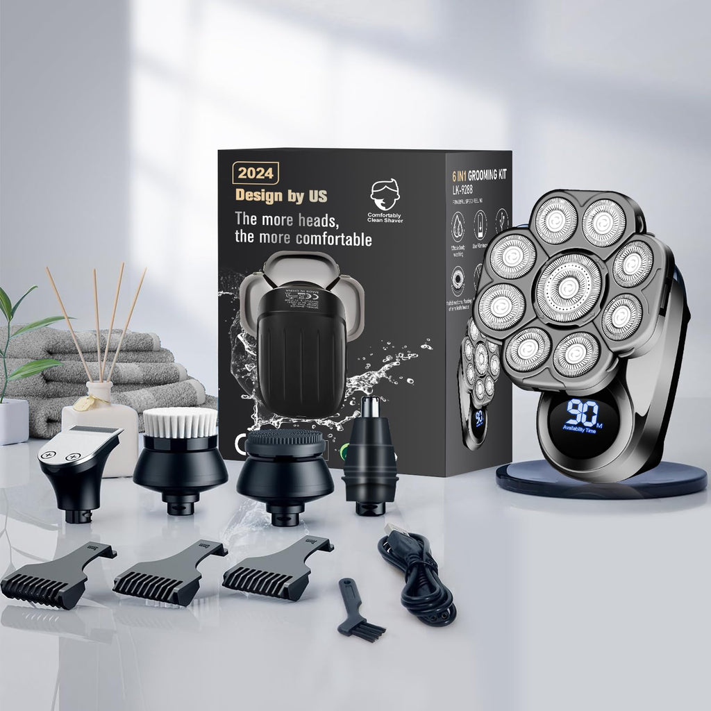 9D Electric Head Shavers for Bald Men, Upgraded 5-in-1 Waterproof Wet/Dry Grooming Kit Electric Shaver for Men, Cordless Rechargeable Bald Head Razor for Home&Travel