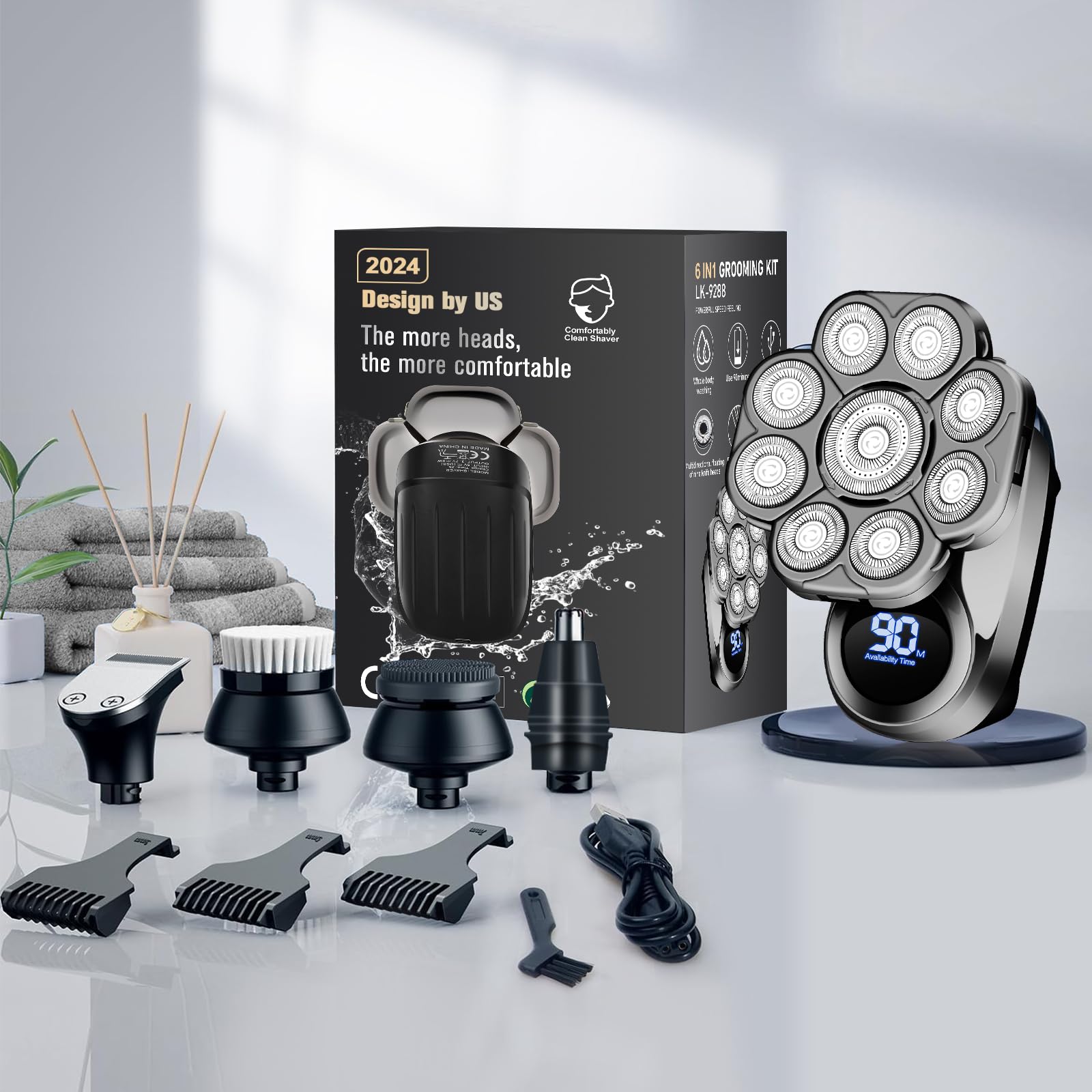9D Electric Head Shavers for Bald Men, Upgraded 5-in-1 Waterproof Wet/Dry Grooming Kit Electric Shaver for Men, Cordless Rechargeable Bald Head Razor for Home&Travel