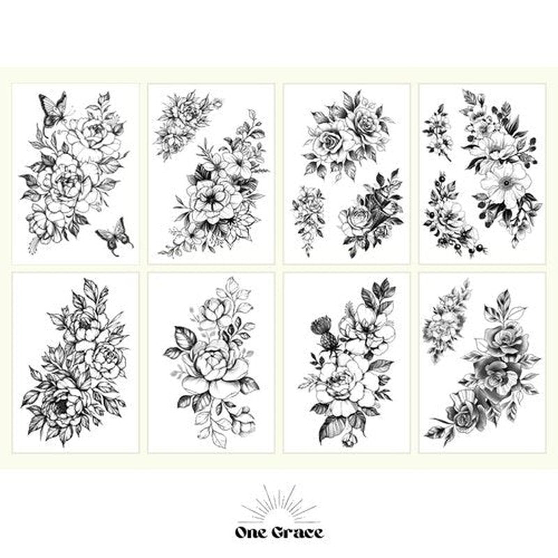 Half Arm Black Floral Temporary Tattoos for Adults - Long Lasting Realistic Tattoos for Women - Waterproof Large Flower and Rose Tattoos for Sleeve, Back, Legs