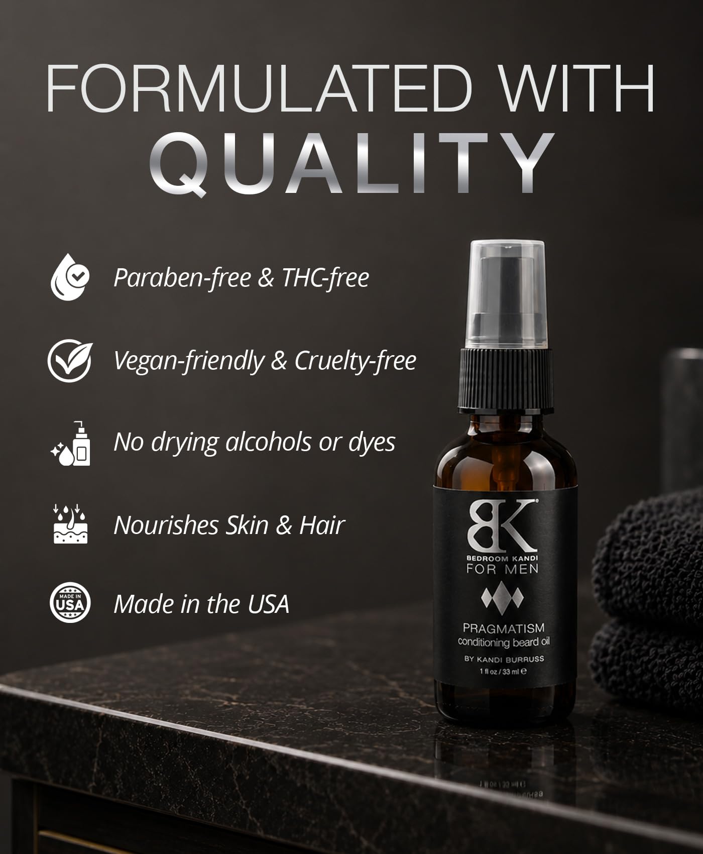 Kandi Bedroom for Men Pragmatism Beard Oil 1 Fl Oz – Ultra-Nourishing Argan & Hemp Beard Conditioner – Soft, Smooth & Controlled Finish – Warm Patchouli & Sandalwood Beard Moisturizer Burruss