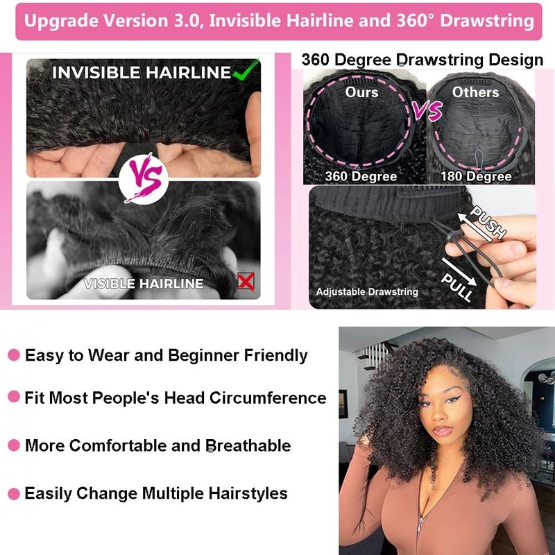 virginess Kinky Curly Half Wig Human Hair Wear Go Glueless Wigs 16 Inch Curly 3 In 1 Half Wigs for Black Women Drawstring Seamless Flip Headband Wig Human Hair Beginner Friendly