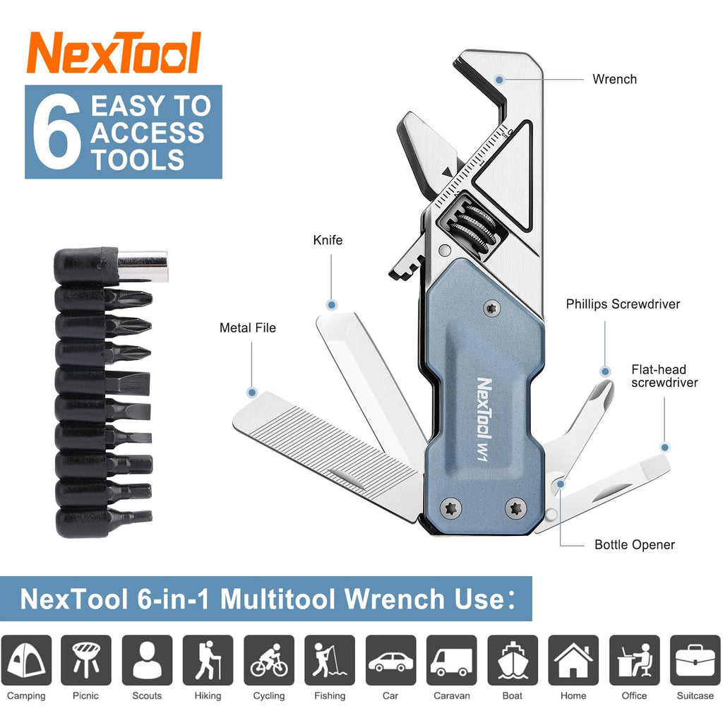 NexTool W1 Adjustable Wrench Multitool, 6-in-1 EDC Screwdriver Tool