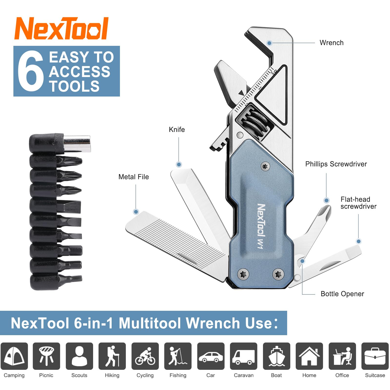 NexTool W1 Adjustable Wrench Multitool, 6-in-1 EDC Screwdriver Tool