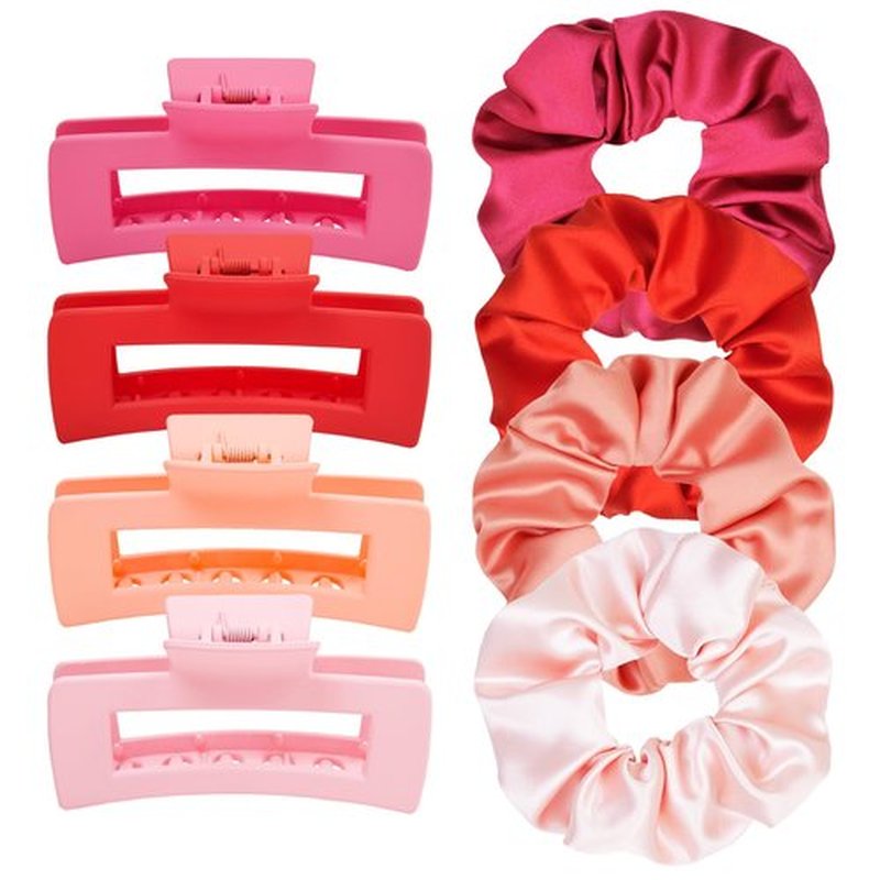 JGQUR 8pcs Hair Clips and Scrunchies Set for Women – 4 Non-Slip Matte Medium Claw Clips, 4 Large Satin Scrunchies, Hair Accessories for Thick Thin Hair, Party, Daily Use (Pink Colors Set)