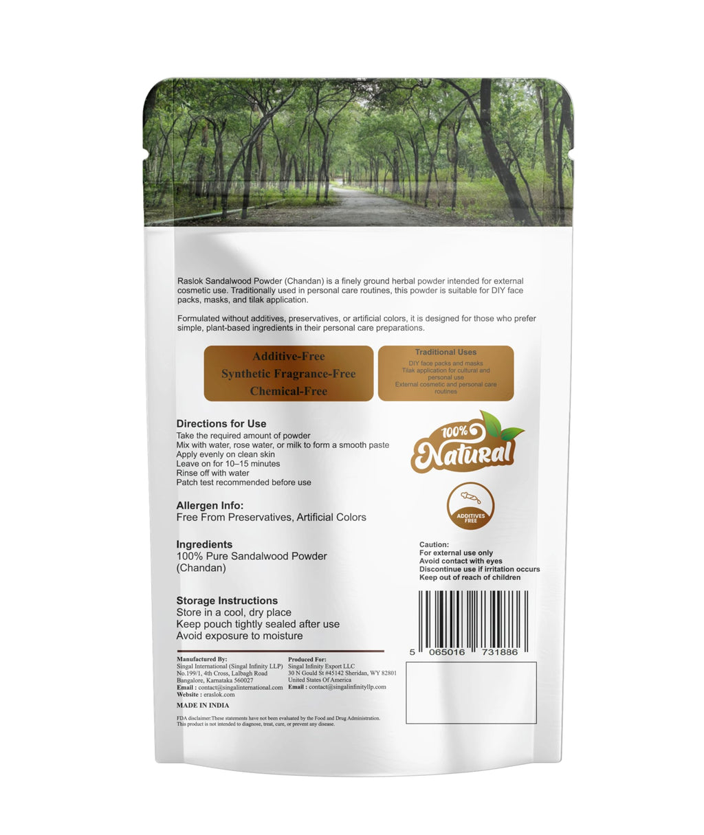 Raslok Sandalwood Powder (Chandan) – 100% Pure Herbal Powder for Face Packs, Tilak & Personal Care – Additive-Free, No Preservatives or Artificial Colors – 100 g (3.5 oz)